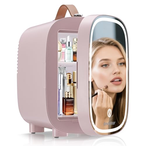 Enventor 4L 6 Latas Nevera Pequeña Rosa, Mini Frigorifico con Enfriador y Calentador, Espejo con Luz LED Regulable, Alimentación Dual, Mini Nevera para Habitacion, Oficina y Coche
