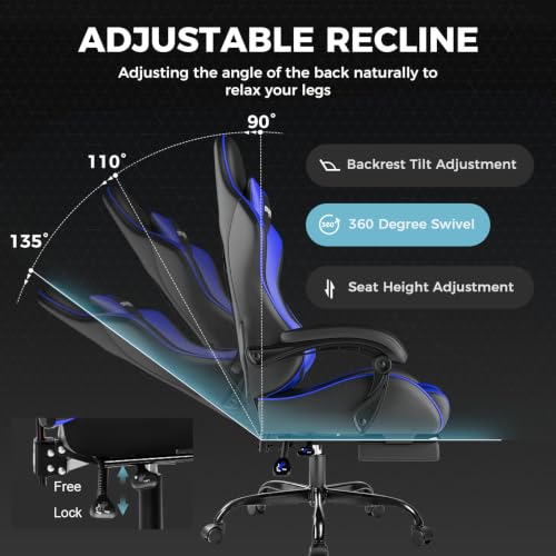 Image of GTPLAYER Gaming Chair, Computer Chair with Footrest and Lumbar Support, Height Adjustable Game Chair with 360-Swivel Seat and Headrest and for Office or Gaming (Faux Leather, Blue)