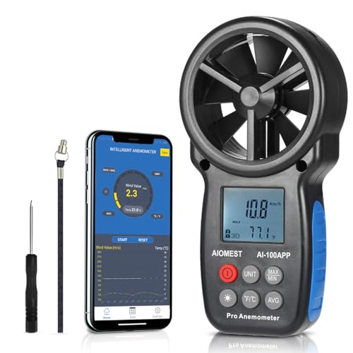 Anemometro Portatil Bluetooth Medidor de Viento AI 100APP, AIOMEST Bluetooth Anemómetro Mano Wind Meter con APP Registro de Datos, Mide 30m/s Flujo de Aire, Temperatura Viento para HVAC, Drones, Riego