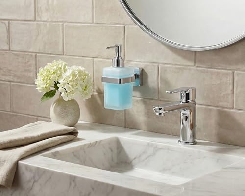 Image of Premium Wall Mounted Liquid Soap Dispenser - 304 Stainless Steel Holder with Frosted Glass Bottle | Rust-Proof Hand Wash Pump for Bathroom, Kitchen, & Wash Basin (Square 27N)