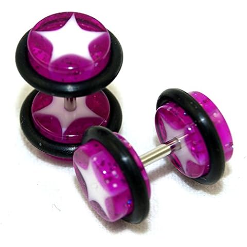 Fake Cheaters Illusion Faux Ear Plugs 16G Bar Look Like 0G Purple White Star Cover