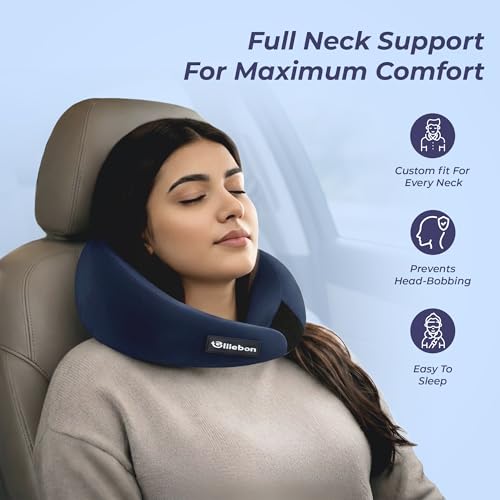 Image of Billebon Gel Infused Memory Foam Neck Pillow, Travel Pillow with Adjustable Velcro Straps, Neck Pillow for Travelling & Flight Travel, Ergonomic Support for Comfort & Pain Relief (Navy Blue)