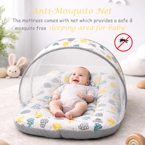 Image of Infantbond Baby Mattress with net | Baby Carry Bag | 4 Pcs Bedding Set | Baby Nest (0-6 Months) Grey Sprial (Full Set Nest)