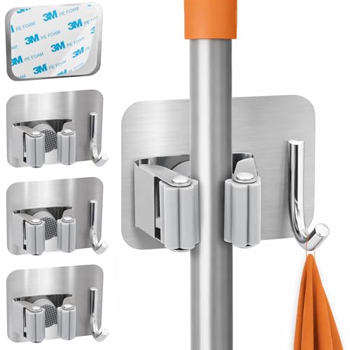 ECENCE Besenhalterung Wand selbstklebend - 4 Stück Besenhalter aus Edelstahl, Gerätehalter ohne Bohren - Mophalterung für Küche, Bad, Balkon & Garten - in Silber