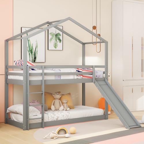 Moimhear Kinderbett Hausbett 90 x 200 cm, Niedriges Etagenbett mit Rutsche,...