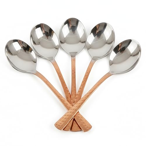 Image of Copper Soup Spoon with Stainless Steel | Set - Pack of 6 | Metal Kitchen Dining and Cutlery | Copper and Steel Metalic Finish | A Touch of Elegance to Your Dining and Dinnerware Serving