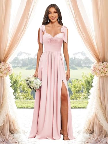 Women's Bow Straps Chiffon Bridesmaid Dresses with Slit Long Pleated Formal Evening Dress4