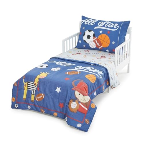 Image of EVERYDAY KIDS 4 Piece Toddler Bedding Set - Jungle Sports - Soft 100% Cotton Percale - Includes Comforter, Flat Sheet, Fitted Sheet and Reversible Pillowcase