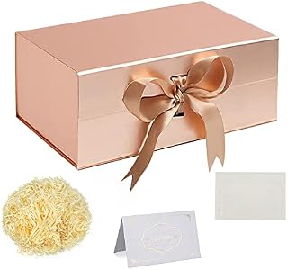 Gift Box Set, Rose Gold Gift Box with Ribbon Deep Gift Box With Magnetic Lids 28x18x12cm Gift Box Shredded Tissue Paper Greeting Cards for Christmas Birthday Wedding Anniversary