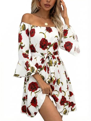 Image of Off Shoulder Ruffle Dress for Women, A-Line Mini Dress with Belt, Fitted Bust Summer Wedding Guest Dress