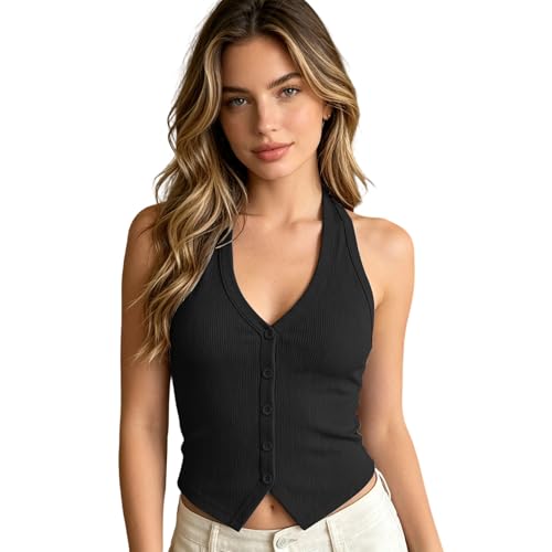 Débardeur femme col boutonné dos nu | Haut basique uni de loisirs