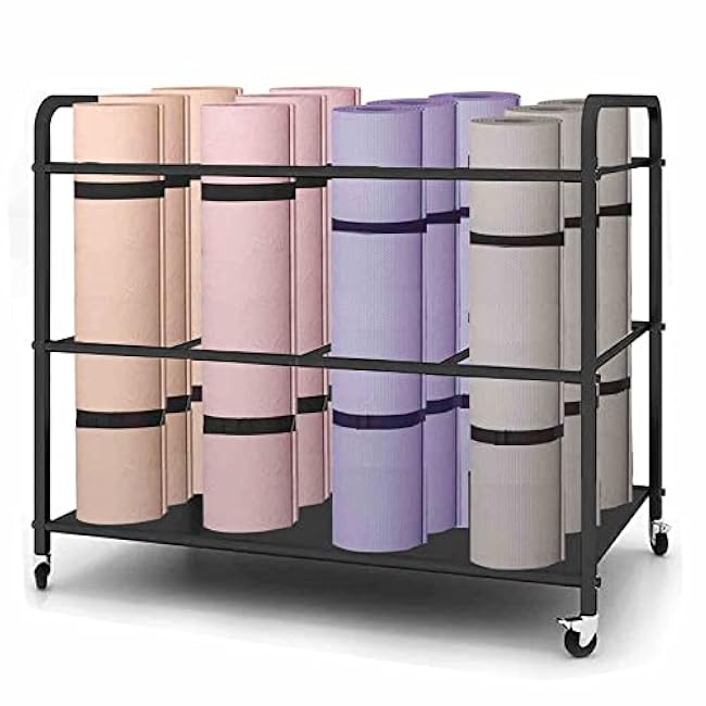 Yoga Mat Storage Rack Basket Workout Equipment Home Gym Storage Rack with Wheels Yoga Mat Holder Exercise & Fitness Organizer for Dumbbell Kettlebells Resistance Bands Yoga Blocks Foam Roller