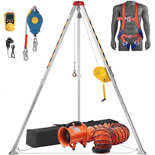 VEVOR 2600 lbs Winch Confined Space Tripod Kit, Heavy Duty Rescue Tripod Lifting Hoist 98' Cable, 32.8' Fall Protection, 5-8ft Working Height, Portable Kit w/Harness Blower Gas detector