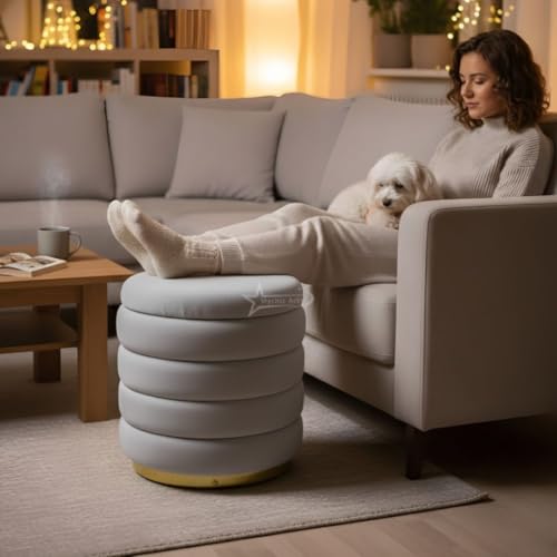 Image of Round Velvet Single-Strip Office Stool Foot Rest Stool, Linen Fabric Padded Seat Pouf Ottoman, 14 X 14 X 16 inch, Round Shape for Living Room, Office, etc. Grey