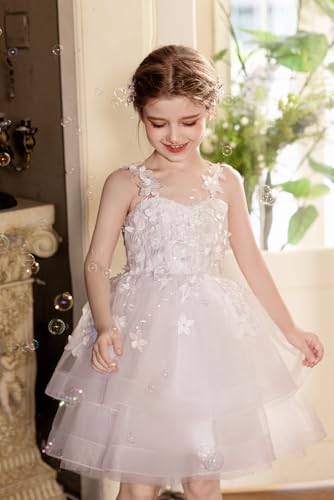 Tulle Flower Girl Dresses for Wedding Knee Length 3D Floral Appliques Pageant Dress Ball Gown with Beads2