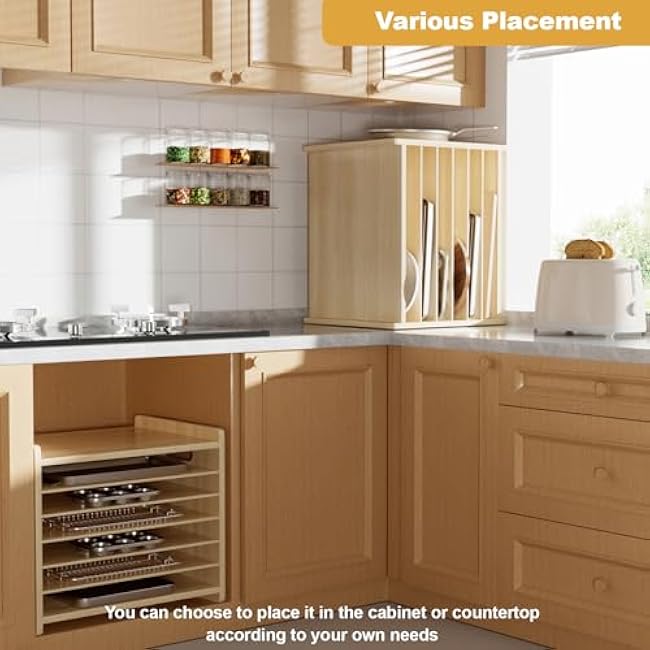 7 Tier Wooden Tray Dividers for Cabinets Cookie Sheet Organizer for Pot, Pans, Baking Tray Organizer for Kitchen Documents Storage(20 W x 16.5 H x 15.2 D)