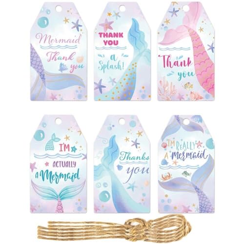 60 Etiquetas De Agradecimiento De Sirena, Etiqueta De Regalo Mágica con Cuerdas, Etiquetas Colgantes De Sirena, Tarjeta De Regalo, Decoraciones para Fiesta De Cumpleaños Temáticas para Niñas Bajo