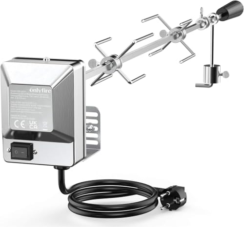 onlyfire Universelles Barbecue Rôtisserie Set 90 cm Carré 8x8mm Tournebroche + 2 x Brochettes Aiguilles et Moteur en Acier Inoxydable, Tourne Broche Electrique, 220 V - 240 V