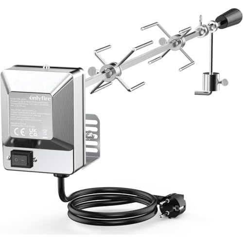 Onlyfire BRK-6031 Universal Verchromter Grillspieß Set, 90 cm Rotisserie Drehspieß, 2X Fleischnadeln, Edelstahl Motor, 220V - 240V, Drehspiess