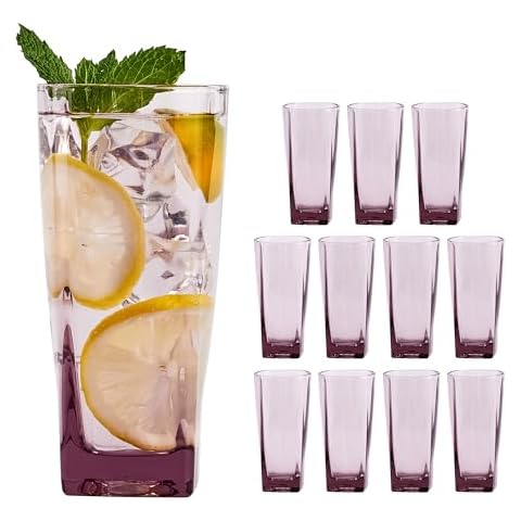 CREATIVELAND Geometric Shapes Glass Drinking Glasses Set of 12, Solid Color Drinking Glasses for Water, Juice, Different Options for Home, Restaurant, Hotel, Bar (purple, 8.6oz) Cover