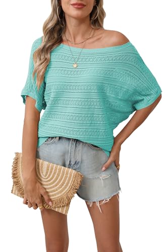 Cakulo Summer Off The Shoulder Tops for Women Crochet Short Sleeve Batwing Knit Spring Oversized Sweater Top