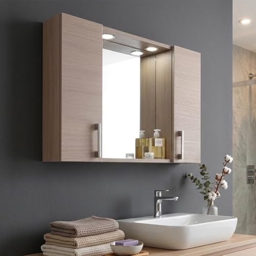 Kiamami Valentina - Specchio contenitore con pensili laterali, mensola e faretti led 77cm rovere fumo