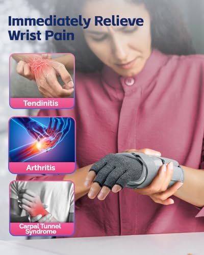 Image of FEATOL Compression Arthritis Glove with Wrist Brace, Comfortable Fingerless Carpal Tunnel Hand Gloves for Women Night Support, Pain Relief for Rheumatoid Arthritis, Work, Typing - Right Hand, Small