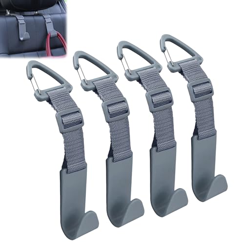 Amooca Headrest Hooks for Car Adjustable 4 Pack Vehicle Seat Back Organizer Storage Hanger Holder for Purse Bags Universal Fit with Clip Gray