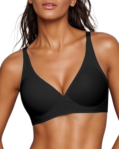 Curlady Deep V Bras for Womens Non Wired Seamless Support Padded Plunge Bra for Saggy Breasts Comfort Soft Sexy Bra Ladies T Shirt Bralettes Jet Black
