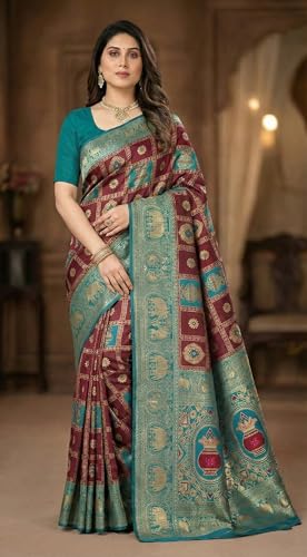 Image of C J Enterprise Women's Kanjivaram Silk Saree Woven Patola Banarasi Soft Sarees Zari With Blouse Piece (Hathi Patola)