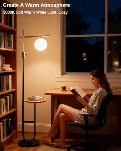 Image of Lightdot 66IN Gold&Black Dimmable Floor Lamps with Storage Table, Modern Standing Tall Lamp with Milky White Globe Lampshade, Cross-Shaped Lamp Head and U-Pole Base Style for Living Room /Bedroom