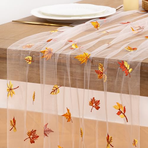 Image of Maple Leaf Embroidery Fall Table Runner White Sheer Tulle Table Runner, 3PC