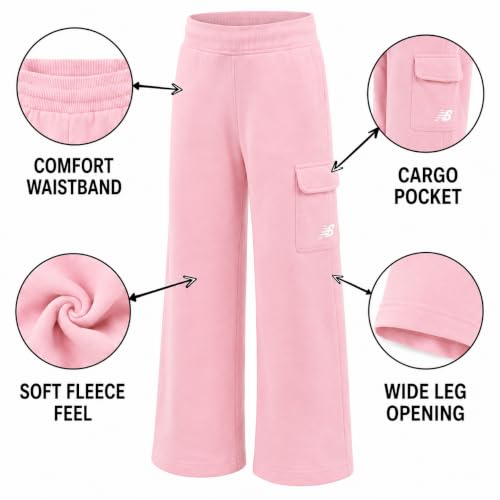 Image of New Balance Girls Sweatpants - Soft Fleece Cargo Wide Leg Sweatpants Cargo Jogger Pants for Girls with Pockets (7-16)