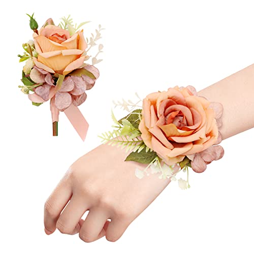 Ndeno Ivory Rose Wrist Corsage and Boutonniere Set Artificial Men Corsage Wristlet Band Bracelet for White Wedding Flowers Ceremony Accessories Prom Suit Decorations (2, Orange)