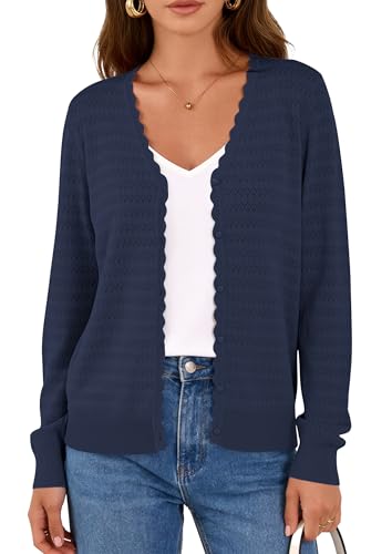 PRETTYGARDEN Lightweight Cardigans for Women Trendy Cozy Fall Fashion Long Sleeve Button V Neck Soft Knit Spring Sweater Tops (Navy Blue,Medium)