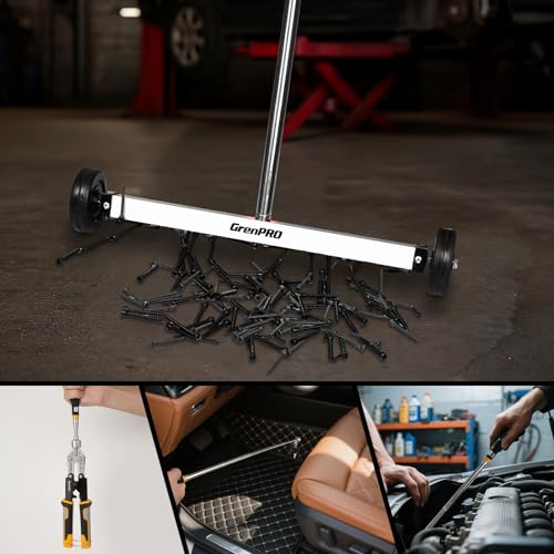 GRENPRO Magnetic Sweeper 2-Pack : Heavy Duty Nail Magnet Roller with Telescoping Handle 8.8LB Capacity for Workshop Garage Yard Construction Cleanup
