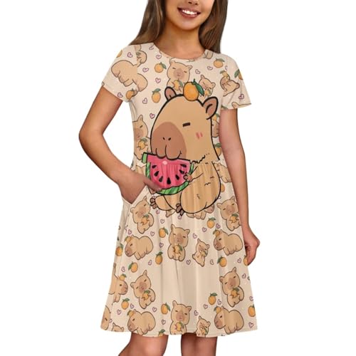 Girls Dresses Kids Toddler Casual Short Sleeve Midi Dress with Pockets for 2-14Y2