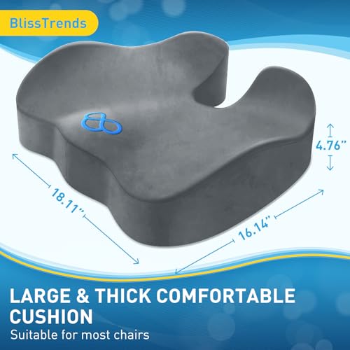 Image of BlissTrends Seat Cushion,Thick Memory Foam Cushions for Office Chair, Car Seat, Airplane, Relieving Pressure Tailbone Sciatica Back Pain for Office Workers, Car Drivers 4.7in Thick LightGrey