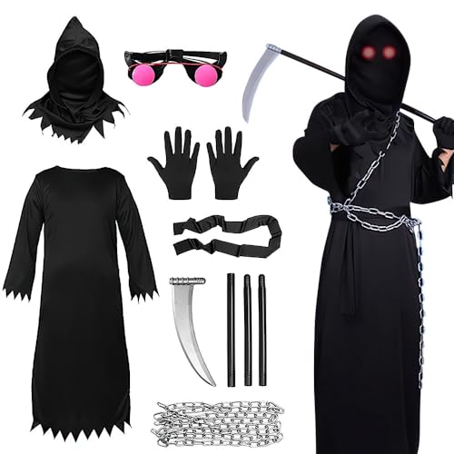LUFEIS Deguisement Faucheuse Enfant, Deguisement Halloween Faucheuse, Déguisement Faucheuse avec Faucille, Yeux Rouges, Cagoule et Gants, pour Halloween Cosplay, Carnaval, Enfant 8 à 12 Ans(105 cm) LUFEIS Deguisement Faucheuse Enfant, Deguisement Halloween Faucheuse, Déguisement Faucheuse avec Faucille, Yeux Rouges, Cagoule et Gants, pour Halloween Cosplay, Carnaval, Enfant 8 à 12 Ans(105 cm)