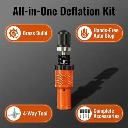 Image of SUVCARMPING Adjustable Auto-Stop Tire Deflator Valve Kit (10-30 PSI) 4 PCS Screw-on Tyre Air Down Tool for Offroad 4x4, Orange