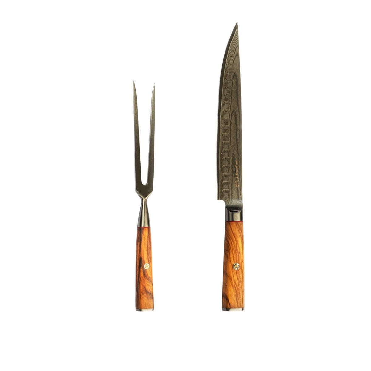 Kitchen Luxe Damast Schneidset Deluxe – Premium Tranchierbesteck mit 67-Lagen-Damastklinge HRC60 und Olivenholz-Griff | 2-tlg Tranchiermesser & Tranchiergabel in Geschenkbox