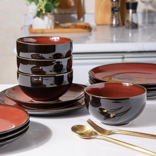Image of LERATIO Ceramic Dinnerware Sets for 8,Stoneware Plates and Bowls Sets,Handmade Reactive Glaze Dishes Set,Chip Resistant and Scratch Resistant | Oven&Dishwasher & Microwave Safe-Red (24PCS)
