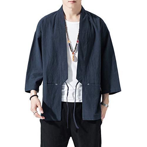 Image of PRIJOUHE Men's Kimono Jackets Cardigan Lightweight Casual Cotton Blends Linen Seven Sleeves Open Front Coat Outwear