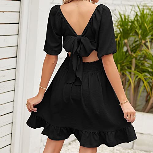 Vestido feminino de verão com decote quadrado e manga curta e costas largas com cadarço para o verão