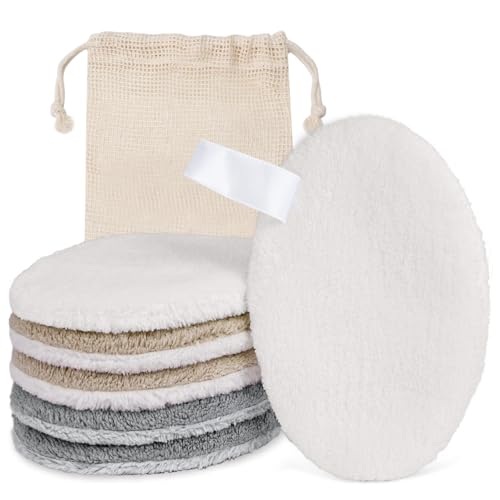 LOPHE Reusable Makeup Remover Pads,6 Pack Ultra-Soft Coral Fleece Facial Cleansing Pads with Hanging Loop & Travel Bag, Gentle Washable Hypoallergenic Face Pads for All Skin Types (Beige, White, Grey)