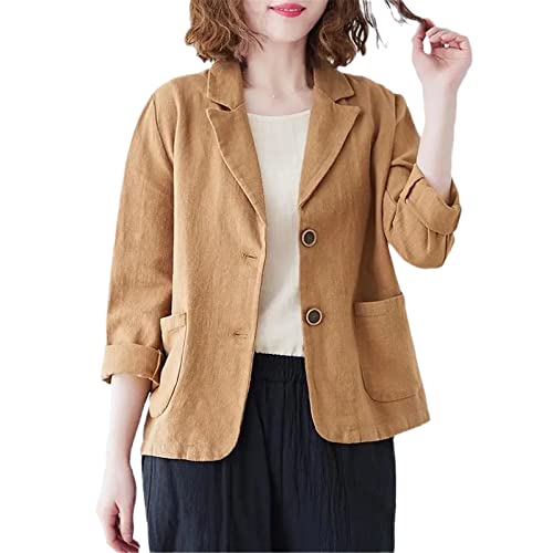 Womens Spring Summer Coat Cotton Linen Blazer Suit Cardigan Jacket Women Casual Solid Color 3/4 Sleeves Jackets