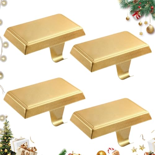 Christmas Stocking Holder, Xmas Stocking Holder & Stocking Hanger, Premium Metal Solid Stocking Hooks with Non-Slip Scratch-Proof Pads for Fireplace Xmas Holiday Decoration (Gold 4)