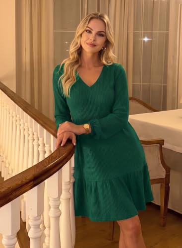Image of Dokotoo Womens Dresses Long Sleeve V Neck Lightweight Ribbed Knit Empire Waist Casual A Line Swing Mini Dress