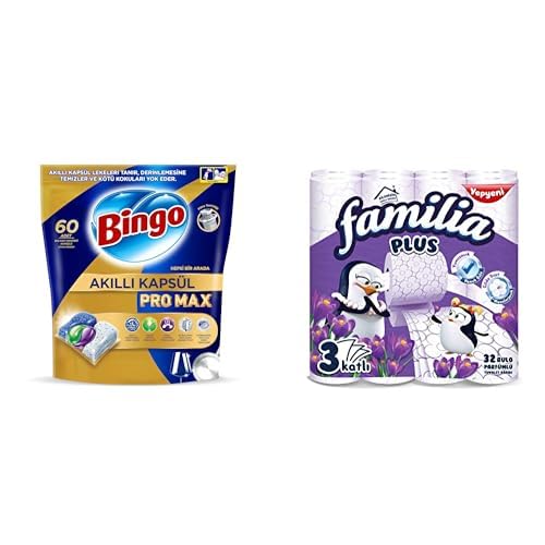 Bingo Akıllı Kapsül Pro Max Bulaşık Makinesi Deterjanı Tableti 60'lı & Familia Plus 3 Katlı Tuvalet Kağıdı Sihirli Çiçekler 32'li 1 Paket (1 x 32 Adet), 2.7 kg