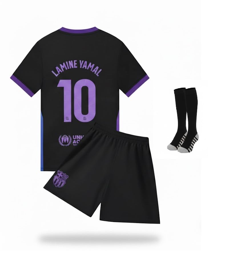 Barca Away #19 Lamine Yamal Youth Soccer Jersey, Shorts & Socks Set - Black - Boys' - Unisex - Sleeveless - Modern - Polyester - Machine Wash - Kids to Adults - Male Football Fans - Sports Jersey Set XL